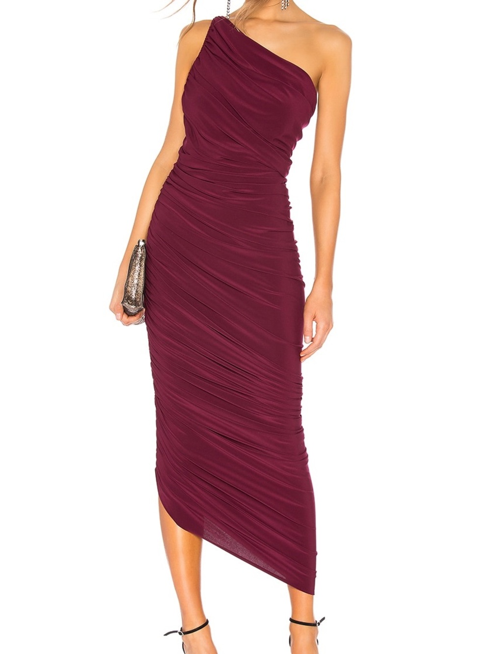Norma Kamali Diana Gown Plum One Shoulder Ruched Asymmetrical Midi Dress XS NWT